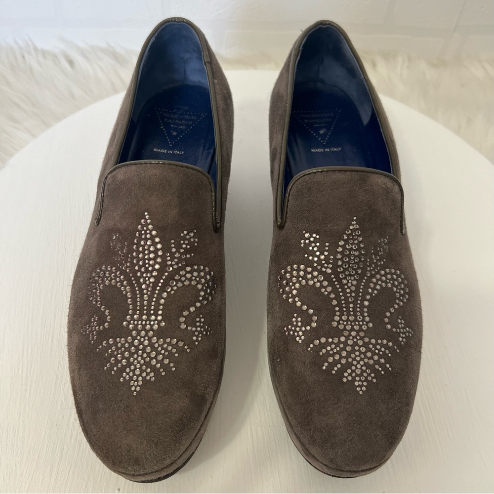 Valentina Rangoni Gray Suede Platform Loafers Rhinestone Sparkle Design Size 7.5
